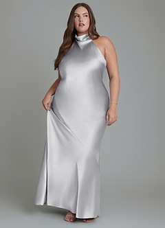 Azazie Velli Bridesmaid Dresses Silver Sheath High Neck Metallic Satin Dress image11