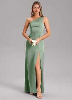 Azazie Feby Bridesmaid Dresses Matcha A-Line One Shoulder Stretch Satin Dress image1