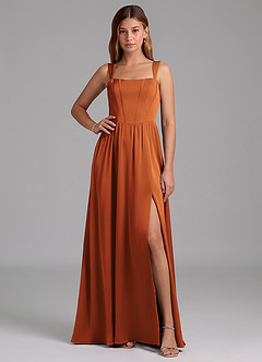 Azazie Rosaline Bridesmaid Dresses Cinnamon A-Line Side Slit Stretch Satin Dress image1