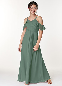 Azazie Dakota Junior Eucalyptus A-Line Off the Shoulder Chiffon Dress image4