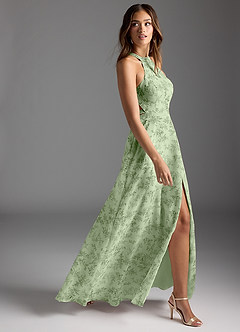 Azazie Clarice Brautjungfernkleider A-Linie Halter Chiffon Kleid Grüner Farn Blumen image2