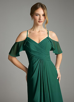 Azazie Dakota Bridesmaid Dresses Emerald A-Line V-Neck Pleated Chiffon Dress image7