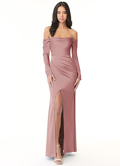 Azazie Hallie Bridesmaid Dresses Dusty Rose Sheath Off-The-Shoulder Long Sleeve Stretch Satin Convertible Dress image3
