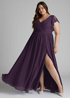 Azazie Zella Bridesmaid Dresses Plum A-Line Lace Chiffon Dress image7