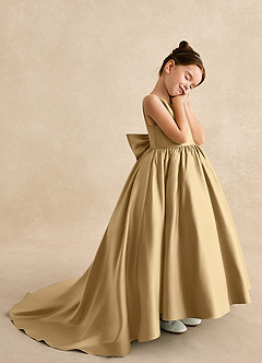 Azazie Mimia Flower Girl Dresses Gold A-Line Bow Matte Satin Dress image4