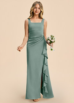 Azazie Adrienne Junior Silver Sage Sheath Pleated Stretch Satin Dress image4