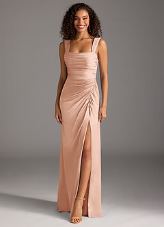 Azazie Jesaphine Bridesmaid Dresses Rose Gold Sheath Bow Stretch Satin Dress image1