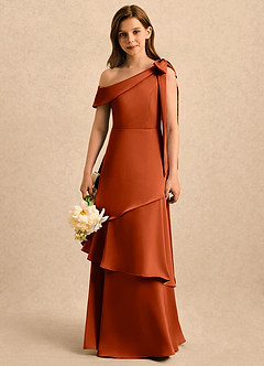 Azazie Shyloh Girls Formal Flower Girl Dresses Paprika A-Line Off the Shoulder Stretch Satin Dress image4
