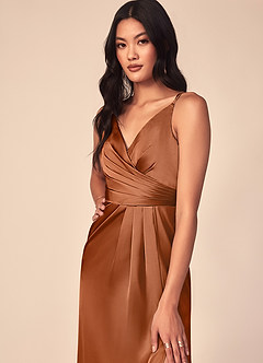 Azazie Aqua Bridesmaid Dresses Copper A-Line V-Neck Pleated Stretch Satin Dress image6