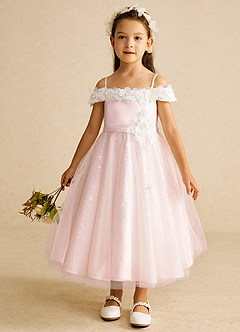 Azazie Patsie Flower Girl Dresses Blushing Pink A-Line Off the Shoulder Tulle Dress image1