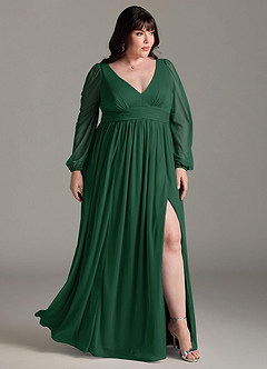 Azazie Norah Vestidos de damas de honor Vestido de Verde Oscuro de Gasa de Corte en A con Manga larga con cuello en V image9