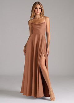 Azazie Elle Bridesmaid Dresses Bronzer A-Line Pleated Stretch Satin Dress image4