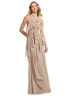 Azazie Velma Bridesmaid Dresses Taupe A-Line Side Slit Chiffon Dress image3