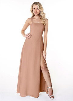 Azazie Jay Bridesmaid Dresses Champagne Rose A-Line Square Neckline Side Slit Chiffon Dress image1
