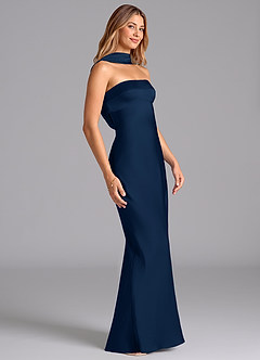 Azazie Lusinda Brudtärnklänningar Klä av Sjöjungfru i Stretch Satin Axelbandslös Mörk Marinblå image6