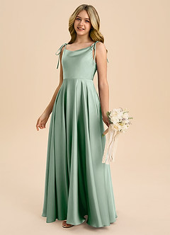 Azazie Popsy Junior Agave A-Line Bow Stretch Satin Dress image7