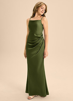 Azazie Renna Junior Olive A-Line Pleated Stretch Satin Dress image1