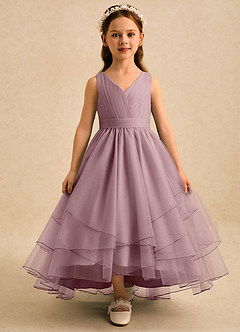 Azazie Seraphina vestidos de niña de las flores Vestido de Rosa Polvorienta de Tul de Corte en A con Plisado image1