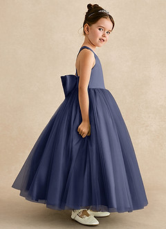 Azazie Peanut Robe Demoiselle D'honneur Fillette Robe Trapèze en Tulle Bretelle Bleu Orageux image3