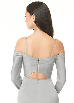 Azazie Hallie Bridesmaid Dresses Silver Sheath Off-The-Shoulder Long Sleeve Stretch Satin Convertible Dress image7