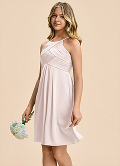 Azazie Ginny Junior Blushing Pink A-Line Pleated Stretch Satin Dress image5