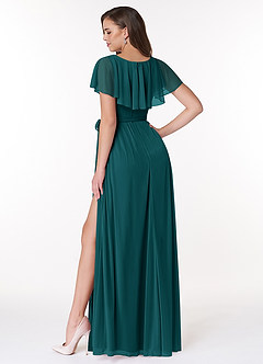 Azazie Jael Bridesmaid Dresses Peacock A-Line V-Neck Mesh Dress image2