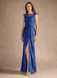 Azazie Santa Barbara Mother of the Bride Dresses Royal Blue Sheath Pleated Stretch Satin Dress image5