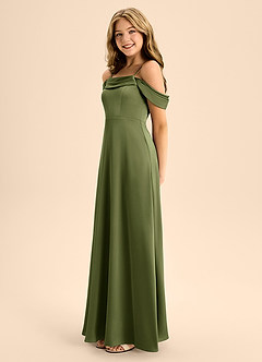 Azazie Anselie Junior Olive A-Line Off the Shoulder Stretch Satin Dress image6