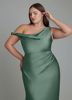 Azazie Emerson Bridesmaid Dresses Eucalyptus Mermaid Off the Shoulder Stretch Satin Dress image12