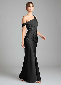Azazie Madelyn Bridesmaid Dresses Black Mermaid One Shoulder Stretch Satin Convertible Dress image5