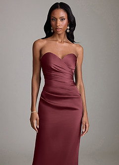 Azazie Sonora Vestidos de damas de honor Vestido de Merlot de Satén Elástico de Corte Recto con Sin tirantes image5