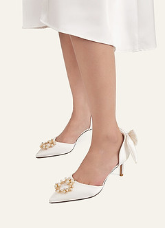 front Satin Pearl and Bow Pumps