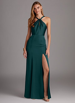 Azazie Elana Bridesmaid Dresses Pine Sheath Side Slit Stretch Satin Dress image1