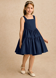 Azazie Myla Flower Girl Dresses Dark Navy A-Line Pleated Matte Satin Dress image4