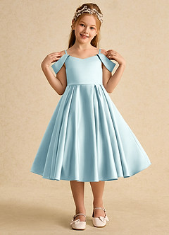 Azazie Favia Flower Girl Dresses Sea Glass A-Line Off the Shoulder Matte Satin Dress image4