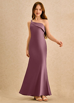 Azazie Almond Girls Formal Jurken voor bloemenmeisjes Kokerjurk Jurk van Stretch Satijn One-shoulder Amethist image6