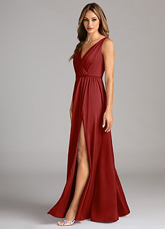 Azazie Tanicia Bridesmaid Dresses Pomegranate A-Line Pleated Stretch Satin Dress image5