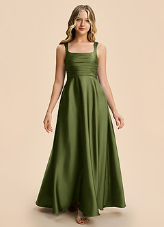Azazie Azaria Junior Olive A-Line Pleated Stretch Satin Dress image5