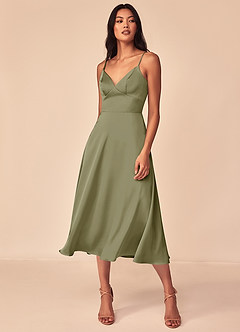 Azazie Dottie Final Sale Pistachio A-Line Stretch Satin Dress image3