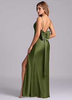 Azazie Kimberly Final Sale Olive Sheath Bow Stretch Satin Dress image1