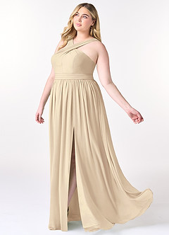 Azazie Elvira At-home Try On Dresses Champagne A-Line Pleated Chiffon Dress image9