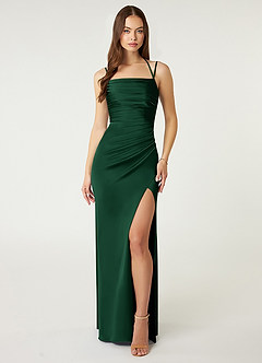 Azazie Desi Bridesmaid Dresses Dark Green Sheath Halter Corset Stretch Satin Dress image1