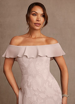 Azazie Marina Mother of the Bride Dresses Blushing Pink A-Line Off the Shoulder Floral Burnout Dress image5