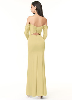 Azazie Hallie Bridesmaid Dresses Lemon Sorbet Sheath Off-The-Shoulder Long Sleeve Stretch Satin Convertible Dress image4