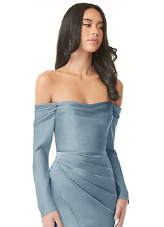 Azazie Hallie Bridesmaid Dresses Dusty Blue Sheath Off-The-Shoulder Long Sleeve Stretch Satin Convertible Dress image1