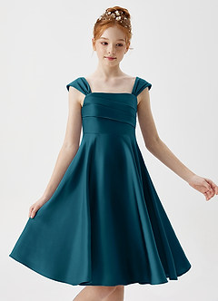 Azazie Amira Junior Ink Blue A-Line Pleated Stretch Satin Dress image3