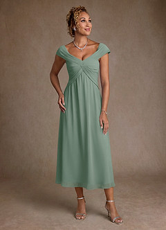 Azazie Mirta Mother of the Bride Dresses Silver Sage A-Line Pleated Floral Burnout Dress image1