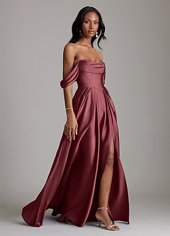Azazie Loisa Abiti da Damigella Abito A-Line in Raso Elasticizzato a Spalla Scoperta Merlot image6
