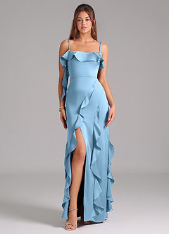 Azazie Malia Bridesmaid Dresses Steel Blue A-Line Side Slit Stretch Satin Dress image3