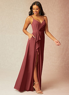 Azazie Kyedae Robes de demoiselle d'honneur Robe Trapèze en Mousseline de soie Col V plissé Terracotta image3